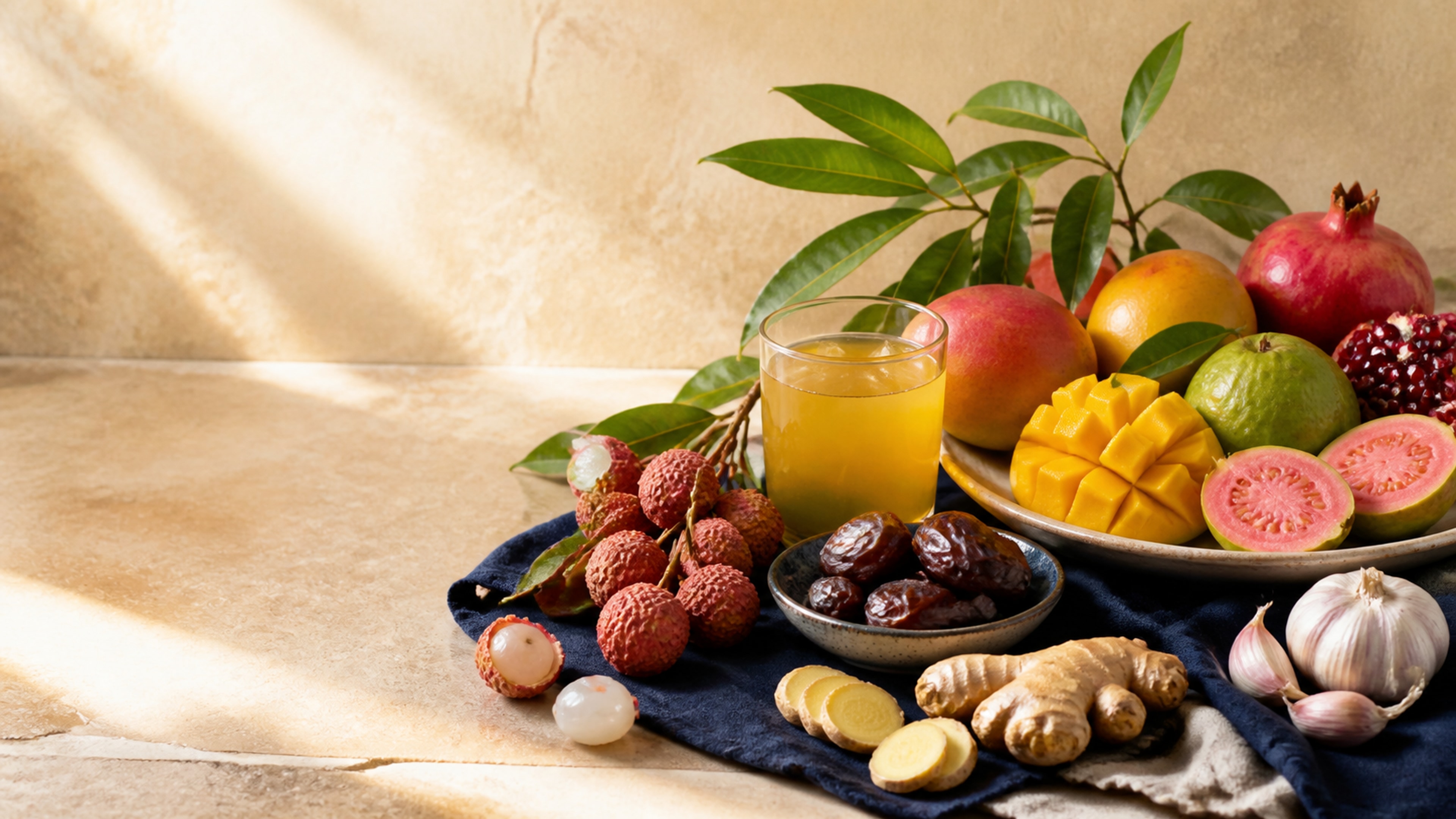 A colourful table of fruit, dates and pantry ingredients