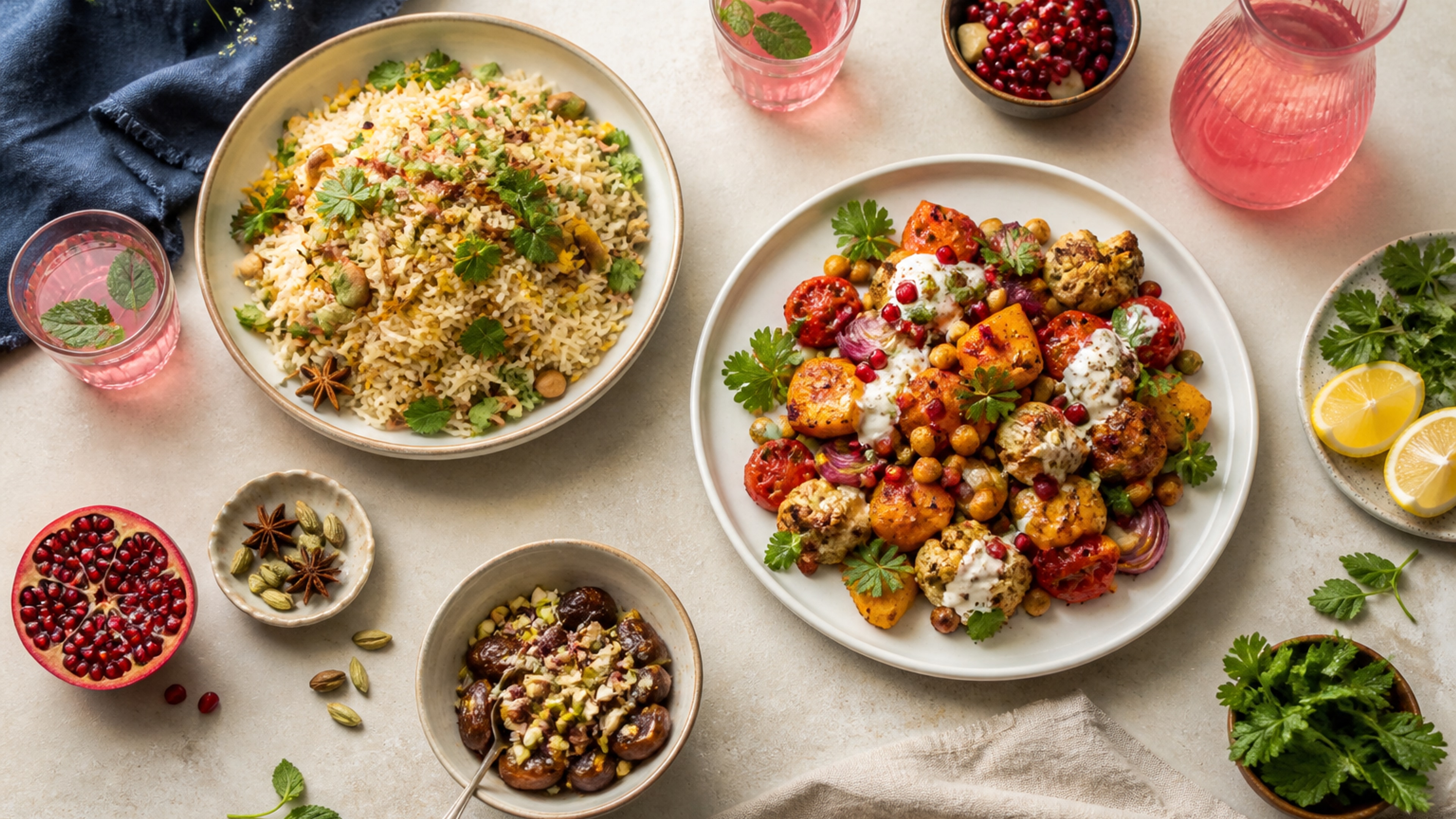 A colourful table of dishes and a fruit drink